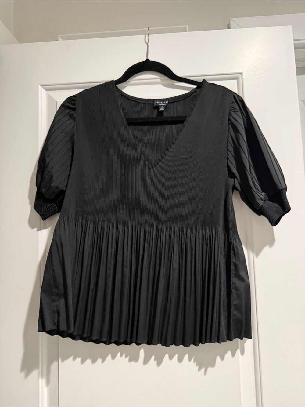 Current Air Black V-Neck Pleated Tunic with Sheer Puff Sleeves New no tags